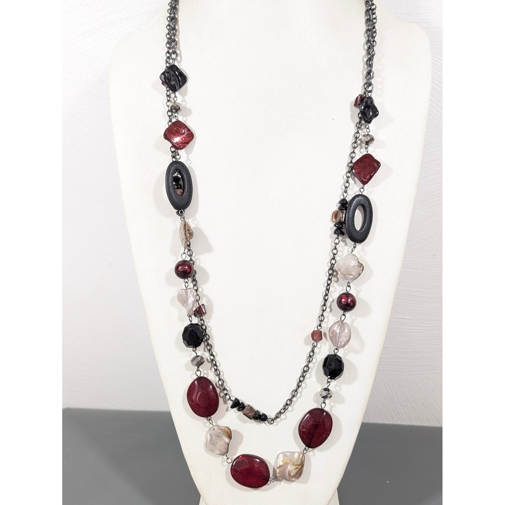 Boho Multi Strand Necklace 36" Gray Red Shell Wood